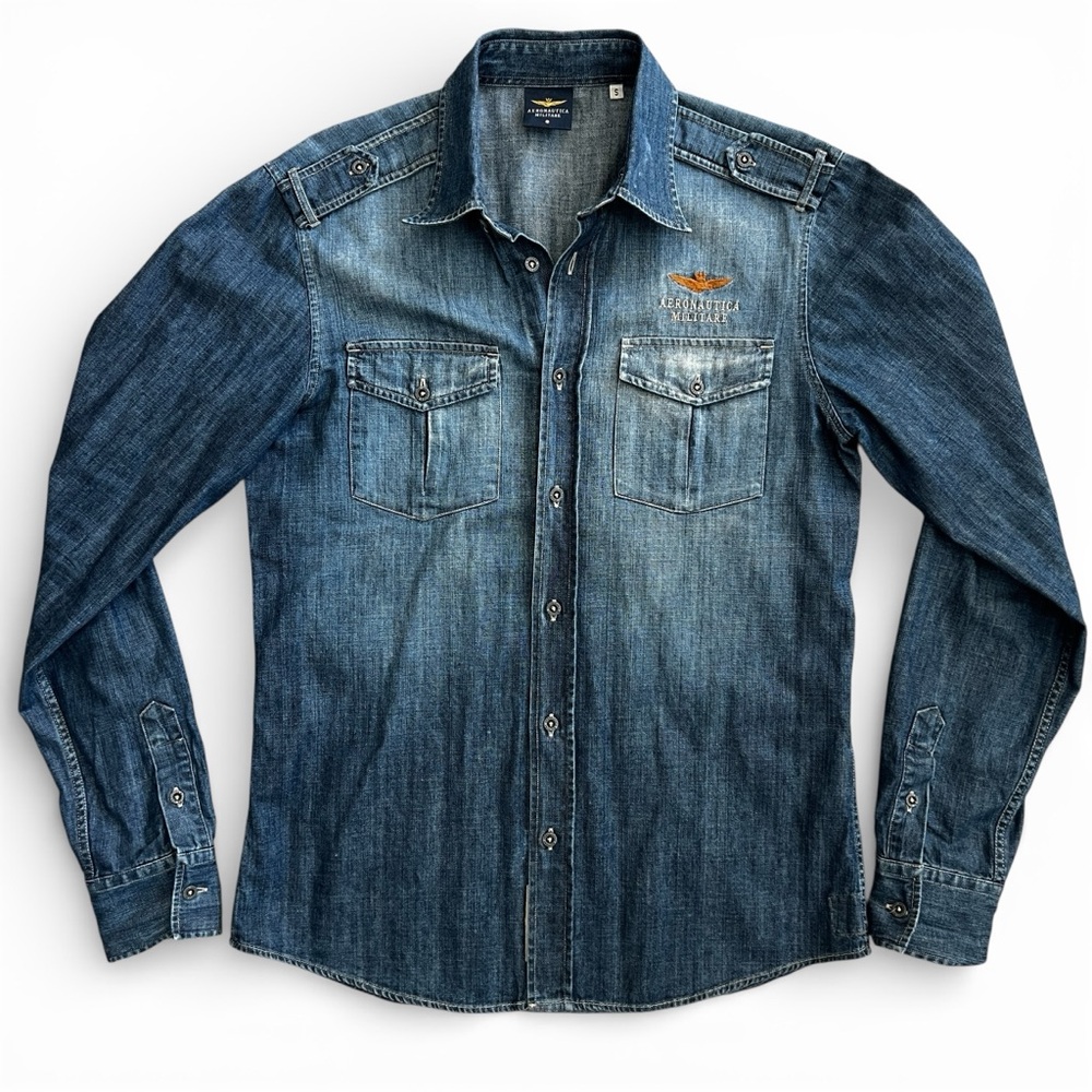 Aeronatica Militare Long Sleeve Button Down 100% Cotton Denim Shirt with Pockets
